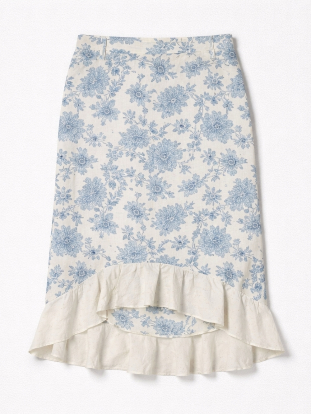 PART TWO Blue Floral Ruffle-Hem Linen Skirt